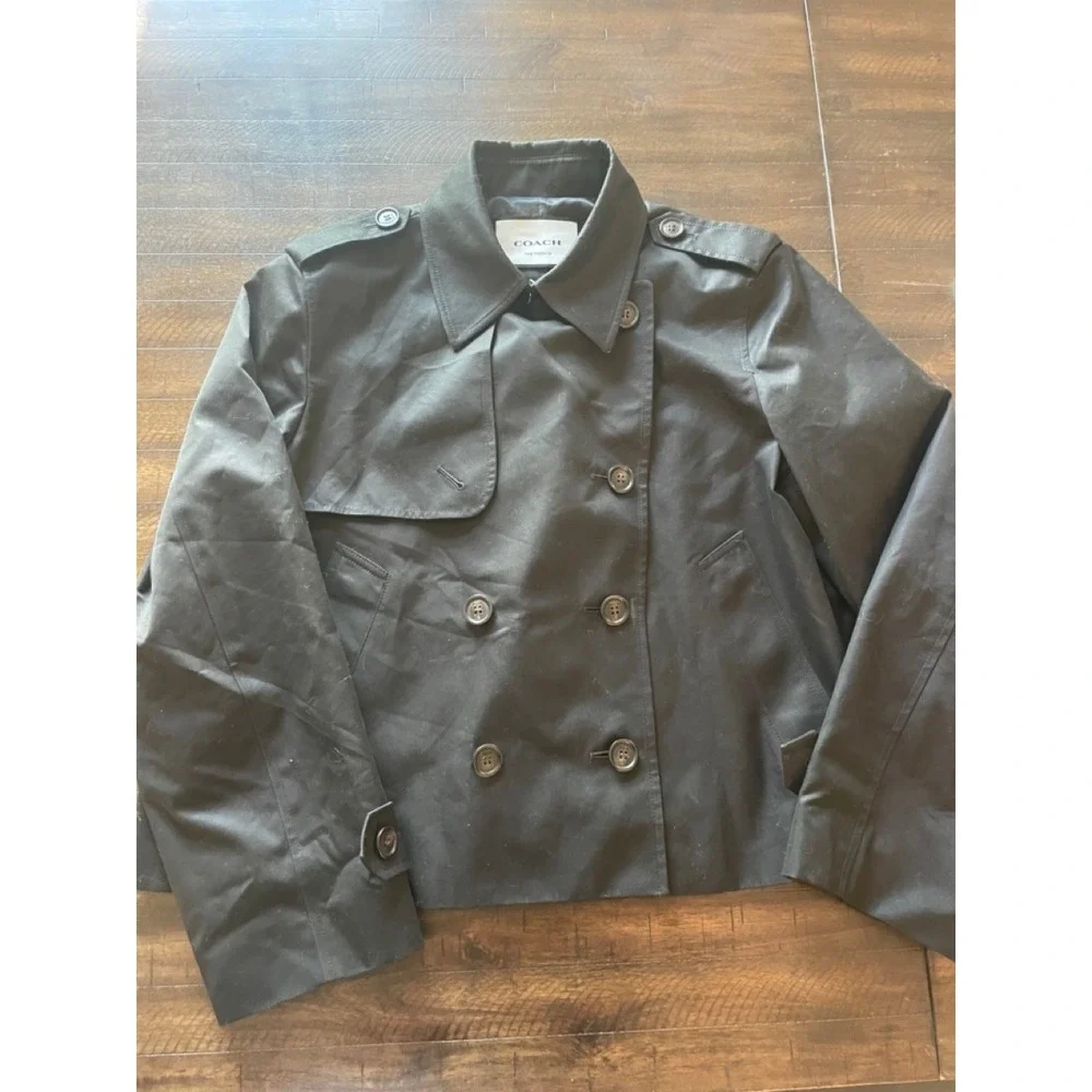 Coach Short Trench Jacket Black Double Breasted Cropped Coat Womens Large - Picture 3 of 7